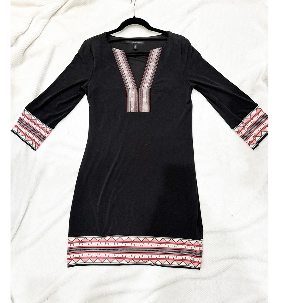 WHBM Dress Womens Size Small Black Pink Geometric Aztec Shift Dress Embroidered